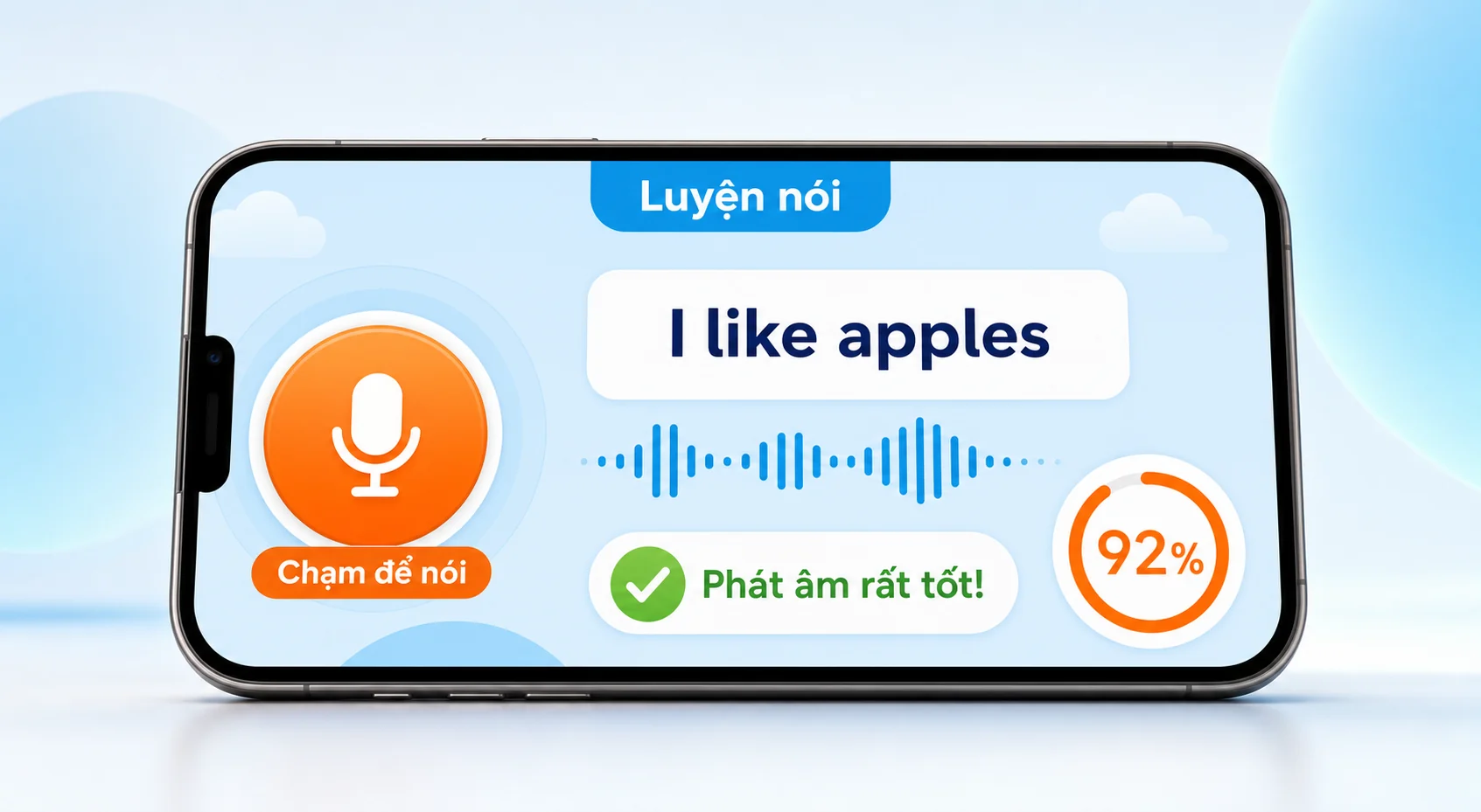 Minh họa ứng dụng luyện nói tiếng Anh với micro, sóng âm và phản hồi phát âm