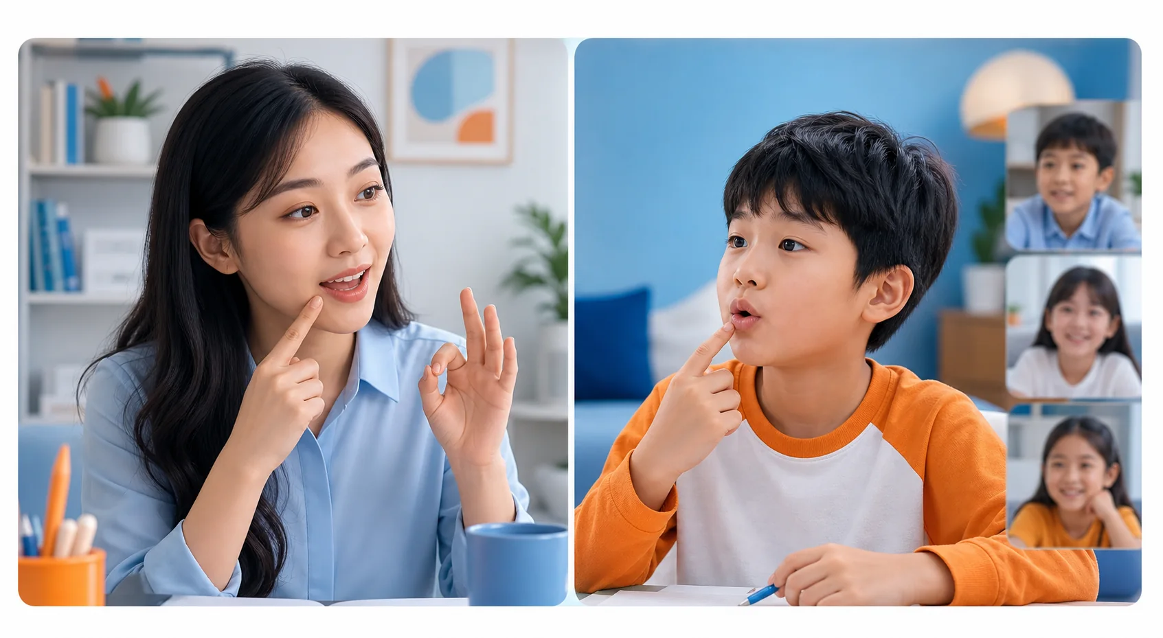 Giáo viên hướng dẫn khẩu hình và sửa phát âm trực tiếp cho bé trong lớp trực tuyến