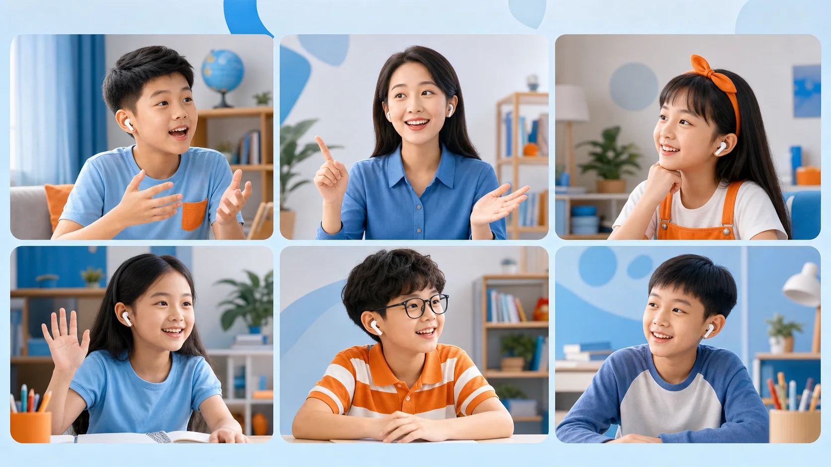 Lớp tiếng Anh trực tuyến gồm một giáo viên và năm bé đang luyện hội thoại