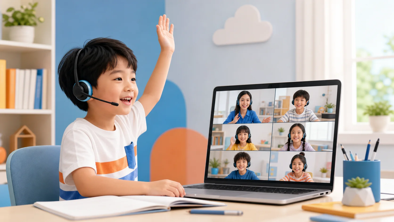Bé tự tin giơ tay phát biểu trong lớp tiếng Anh trực tuyến nhóm nhỏ